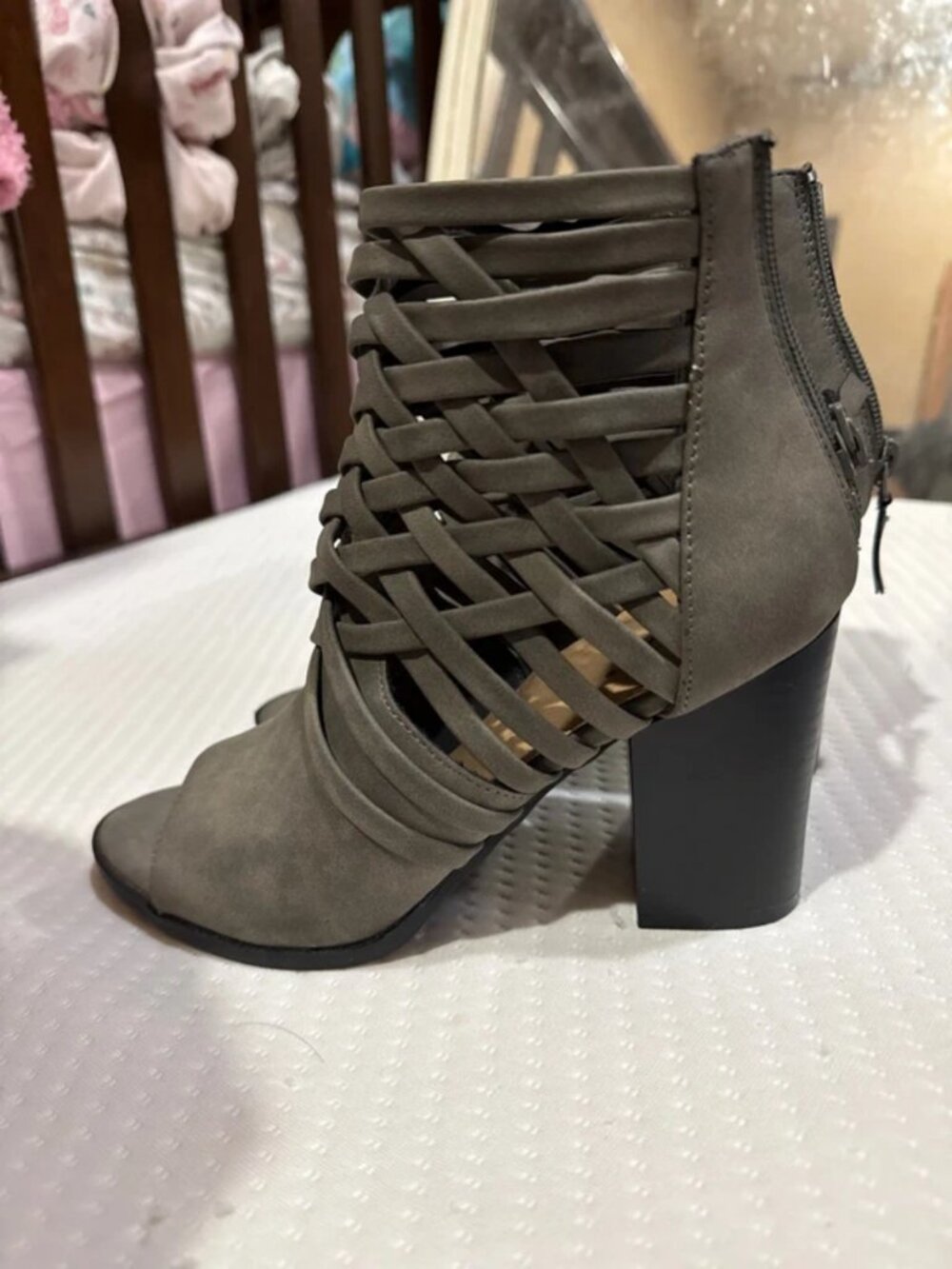 gray gladiator peep toe booties
